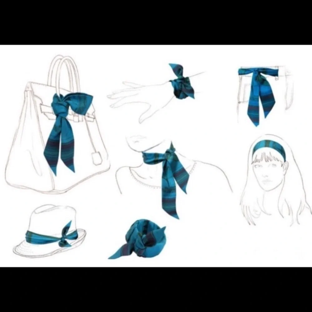 Twilly Silk Handbag Headband Neck Tie Scarf. Blue Navy Gold Good pair w/ Dior